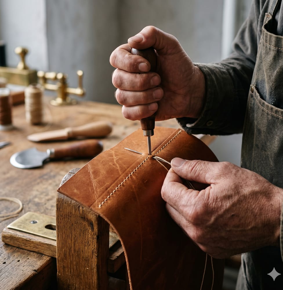 Mâinile meșterului lucrând pielea în atelier