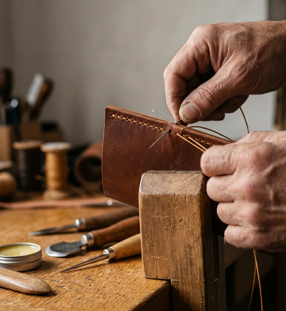 Mâinile meșterului lucrând o piesă din piele în atelier