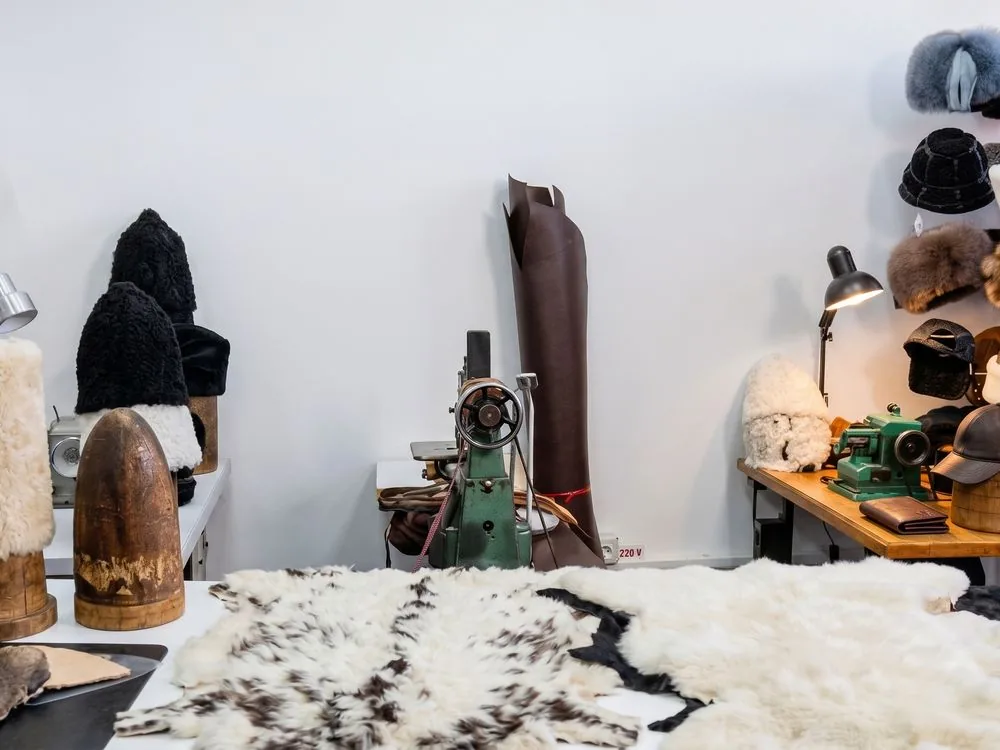 Masa de lucru din atelier, cu piei întinse și calapoade de lemn