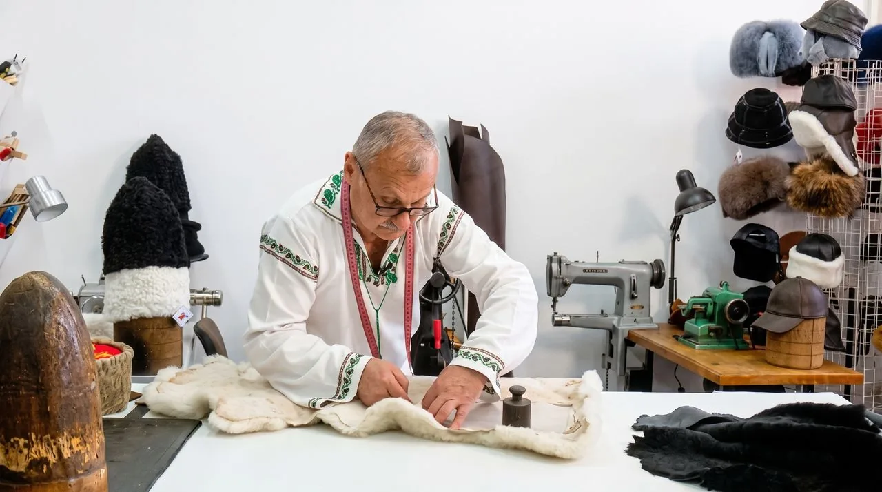 Maistrul lucrează o piele de miel pe masa de croit, în atelier.